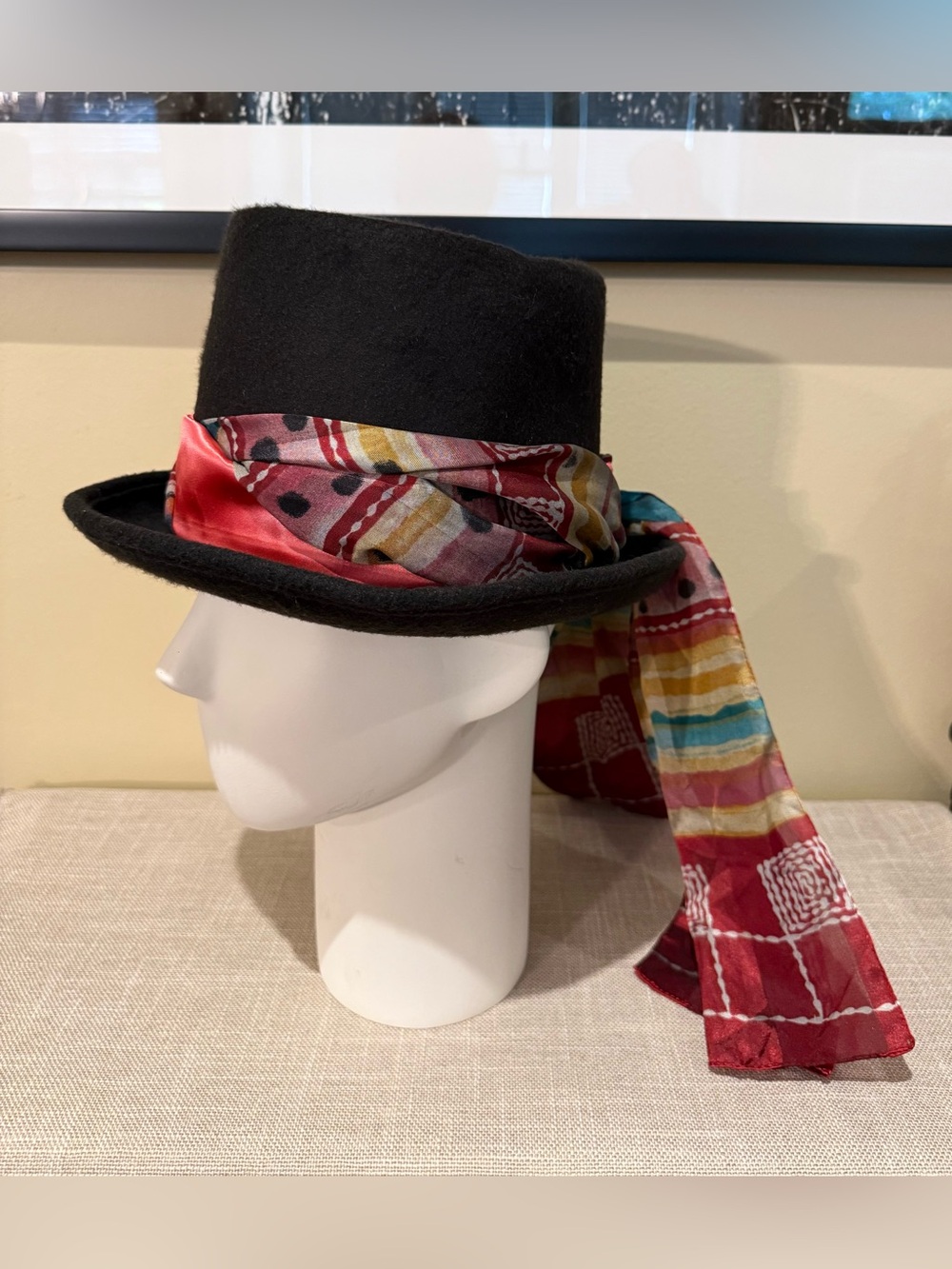 Vintage Black Wool Top Hat with Colorful Silk Scarf Wrap Boho Chic